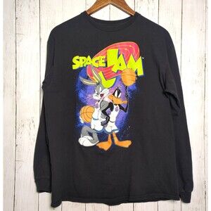 Space Jam Bugs Bunny Daffy Duck Long Sleeve Graphic Tee Black T-Shirt Size Large